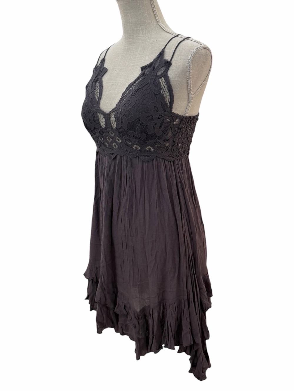 Free People Adella Lace Slip Dress Gray Small Boho Asymmetric Mini - Picture 7 of 12
